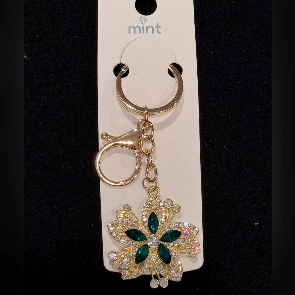 BAG CHARM Mint Gold and Green Floral Crystal Keychain